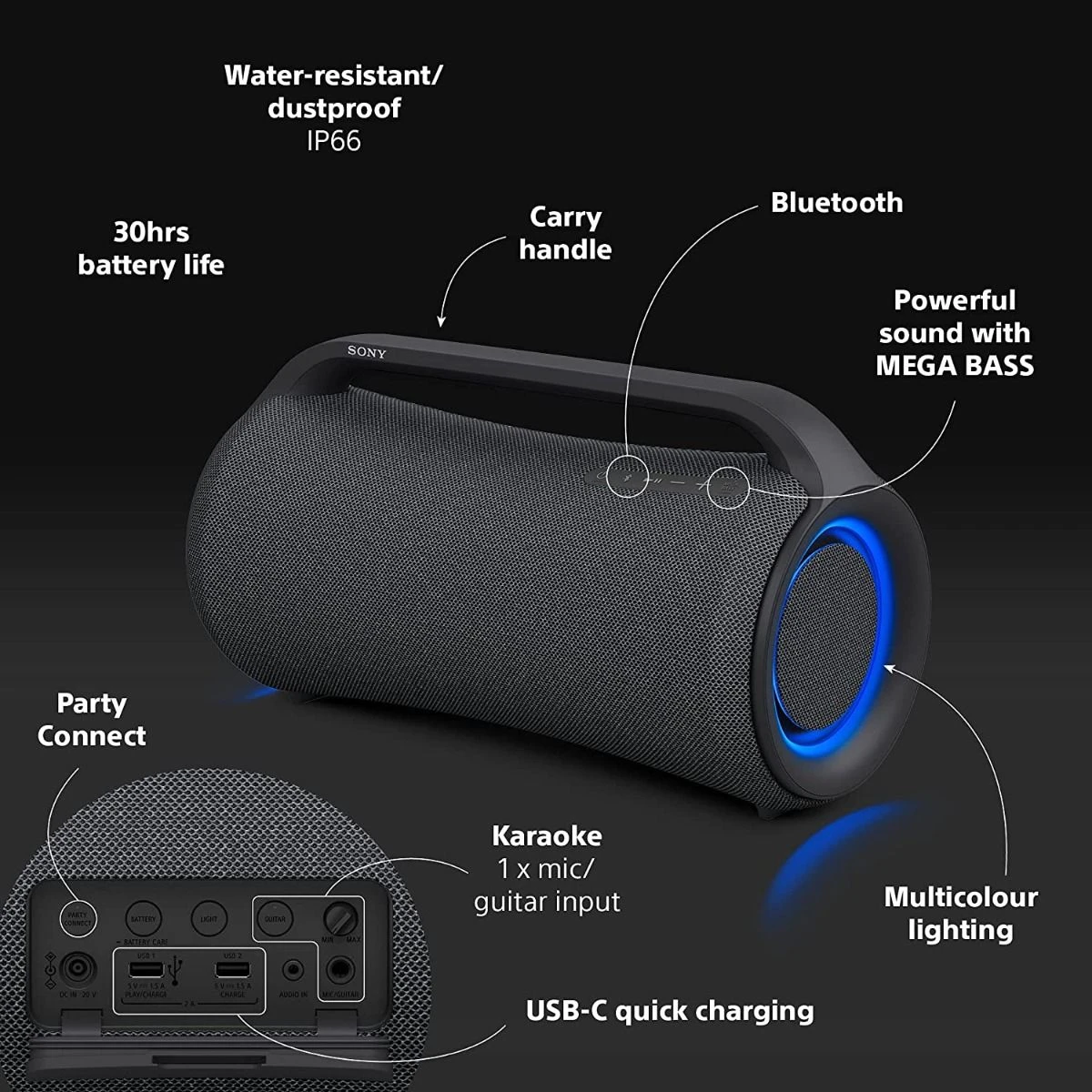 Sony X-Series SRSXG500B, Portable Wireless Bluetooth Speaker, Black - Image 4